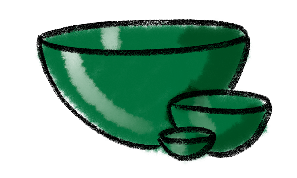 A simple crayon drawing of 3 bowls in tiny, medium, and large sizes with a watercolor wash in an emerald green color