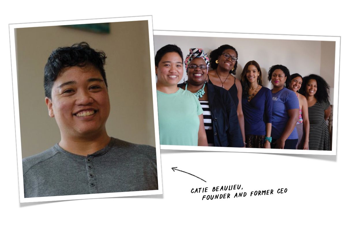 A graphic of overlayed photos - 1 with a person wearing a grey shirt and smiling, another with a row of 7 people smiling, and a caption that reads